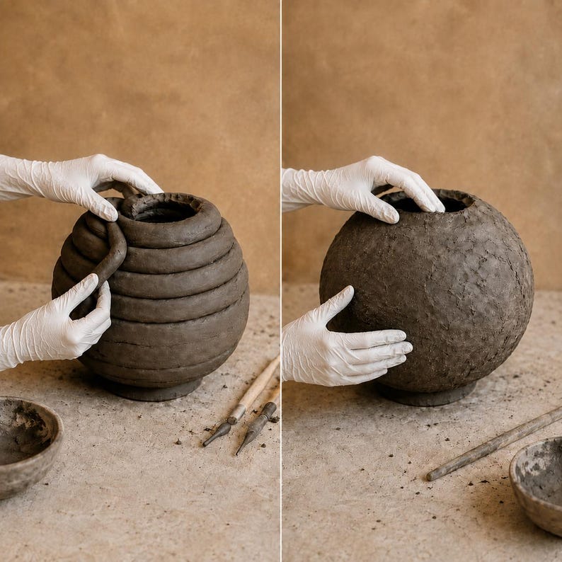 Op de afbeelding: Een donkergrijze kleipot in wording, met links een opgebouwde spiraaltechniek en rechts een gladgestreken, afgerond buitenoppervlak. De klei heeft een matte, aardse textuur en de vorm is bolvormig met een kleine opening aan de bovenzijde.