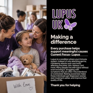 Op de afbeelding: Een promotionele afbeelding voor LUPUS UK met een paars vlinderlogo en tekst met Making a difference, Every purchase helps support meaningful causes, Current Focus- Lupus, en een gedetailleerde uitleg over de aandoening met een bedankje.
