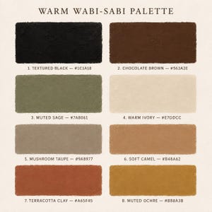 Op de afbeelding: Een kleurenpalet getiteld WARM WABI-SABI PALETTE met acht rechthoekige stalen: 1. Textured Black #1C1A18, 2. Chocolate Brown #563A2E, 3. Muted Sage #7A8061, 4. Warm Ivory #E7DDCC, 5. Mushroom Taupe #9A8977, 6. Soft Camel #B48A62, 7. Terracotta Clay #A65F45, 8. Muted Ochre #B88A3B.