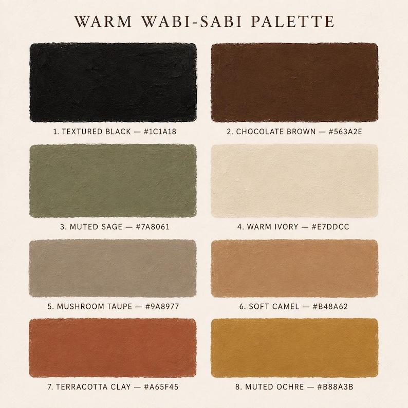 Op de afbeelding: Een kleurenpalet getiteld WARM WABI-SABI PALETTE met acht rechthoekige stalen: 1. Textured Black #1C1A18, 2. Chocolate Brown #563A2E, 3. Muted Sage #7A8061, 4. Warm Ivory #E7DDCC, 5. Mushroom Taupe #9A8977, 6. Soft Camel #B48A62, 7. Terracotta Clay #A65F45, 8. Muted Ochre #B88A3B.