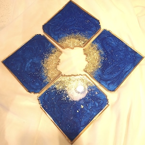 Gold and blue resin tray coaster. Coaster set Home decor, Gift dinner table, tableware
