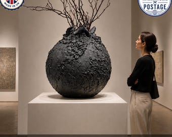 May include: A large, spherical black sculpture with a textured, uneven surface sits atop a white pedestal. Bare, thin brown branches extend upward from the top of the sculpture. The text "Oversized, Unforgettable" is printed at the bottom.