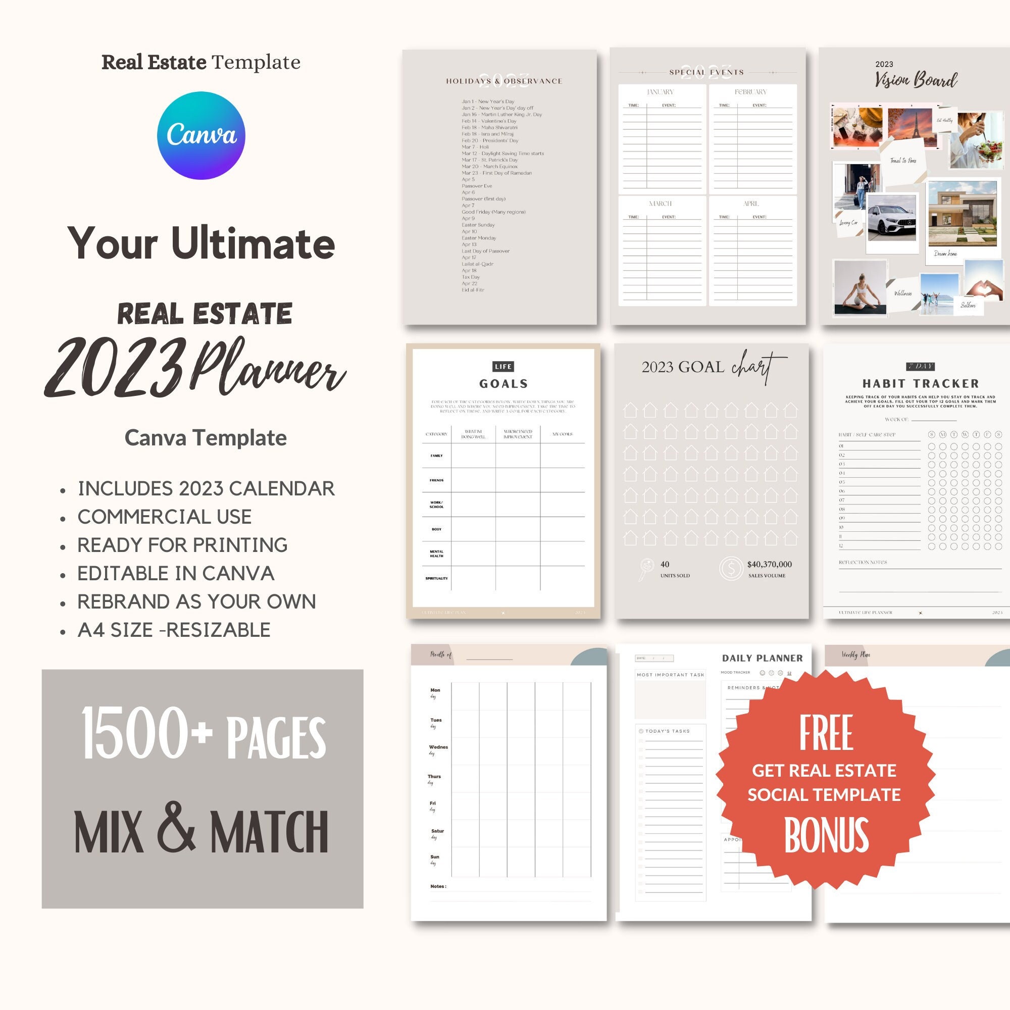 2023 Real Estate Planner Printable Editable Real Estate Canva Etsy