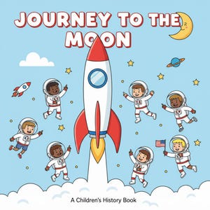 Pode incluir: Capa de livro infantil com o título "Journey to the Moon" em vermelho e branco. Um foguete está decolando, cercado por astronautas de desenho animado, estrelas e planetas. O livro é um livro de história para crianças.