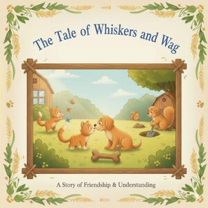 Pode incluir: Capa de livro infantil com o título "The Tale of Whiskers and Wag". A ilustração mostra um cão e dois gatos, com esquilos e borboletas num cenário rural. A legenda diz "A Story of Friendship & Understanding."