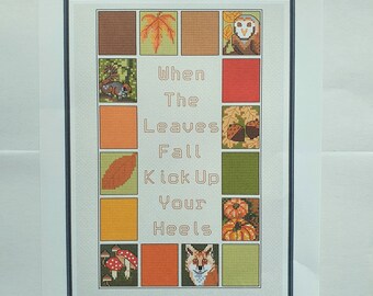 Autumn Cross Stitch - Kicking Through Autumn Leaves Cross Stitch Sampler