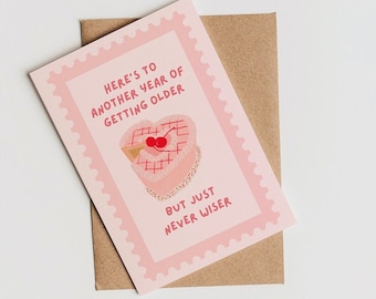 Older But Just Never Wiser | Anti-hero Birthday Card | Cake Birthday Card | Vintage Retro Cake Card | Vintage Stamp