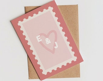 Carte de fiançailles personnalisée pour mariage avec initiales | Cadeau de mariage | de fiançailles | de style vintage pour timbres | rétro carte | Carte de mariage rose