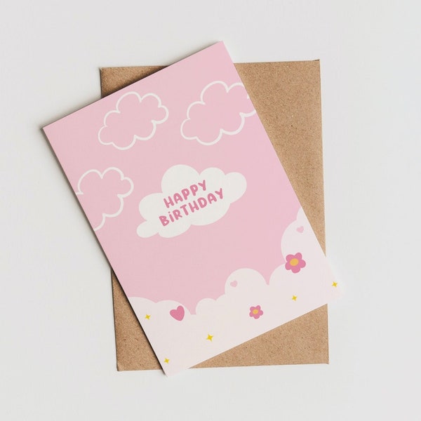 Kawaii Cute Happy Birthday Card - Pink Cute Clouds Birthday Card For Girl, For Bestie, For Girlfriend, For Girl