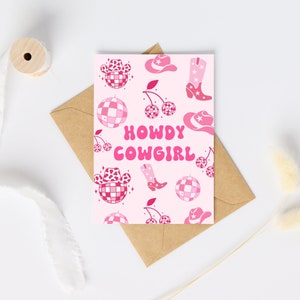 Carte de voeux de cow-girl | carte d'anniversaire disco de cow-girl | Carte disco groovy | Carte d'anniversaire tendance de l'an 2000 | Anniversaire Girly Bestie rose | Discothèque cow-boy