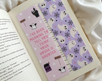 Marcapáginas con la letra "Creo que tu casa está embrujada" / Marcapáginas / Marcapáginas de fantasmas morados / Marcapáginas de casa embrujada / Fantasma morado