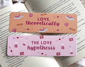 May include: Two rectangular bookmarks with book-themed illustrations and text. One bookmark reads "LOVE, theoretically" on a peach background. The other reads "THE LOVE hypothesis" on a pink background.