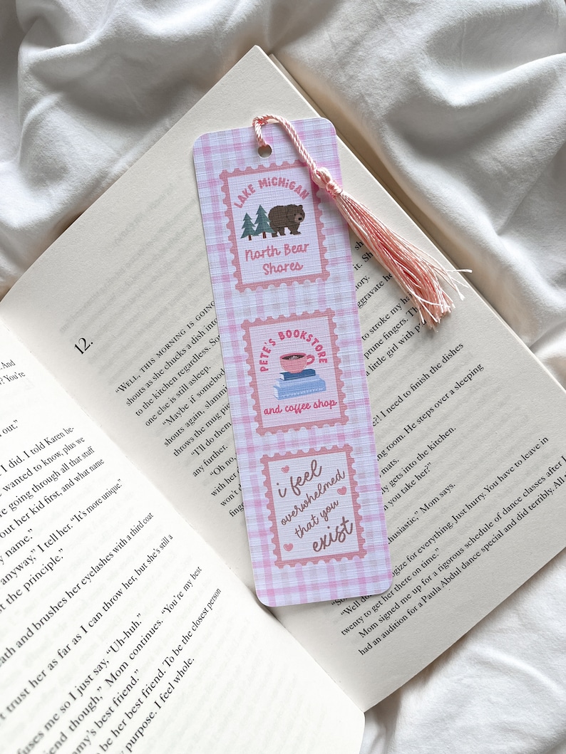 May include: A pink and white plaid bookmark with three rectangular designs. The top design says "Lake Michigan North Bear Shores" with a bear and trees. The middle design says "Pete's Bookstore and coffee shop". The bottom design says "I feel overwhelmed that you exist".