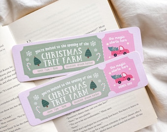 May include: Two Christmas Tree Farm tickets with a light green and pink design. The tickets have text that reads "you're invited to the opening of the CHRISTMAS TREE FARM" and a pink truck carrying a Christmas tree.
