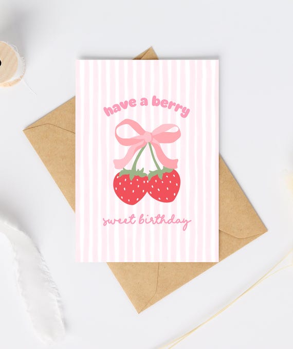 Have a Berry Sweet Birthday Card | Coquette Bow Birthday Girl Greeting Card | Strawberry Card | Fun Birthday Card | Sweet Birthday