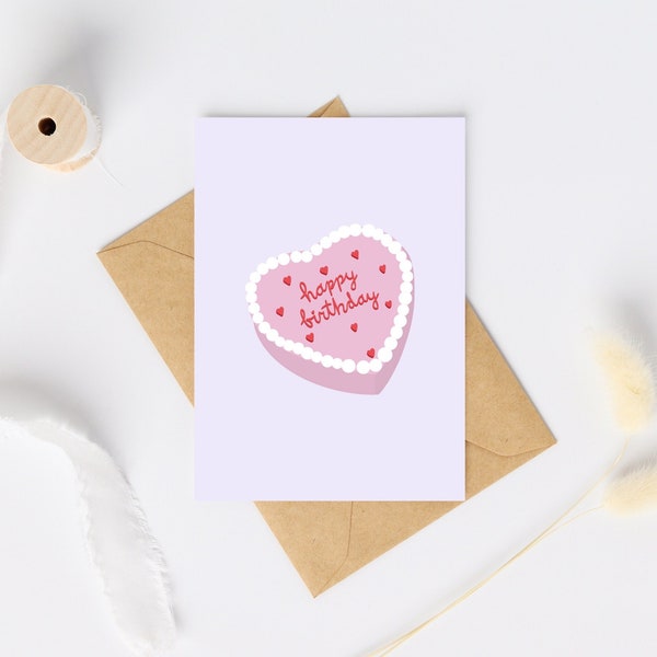 Lilac Vintage Retro Cake Birthday Card | Purple Gingham Cake Card | Cottage Core Card | Icing Piped Cake | Heart Shaped Cake | Y2K card