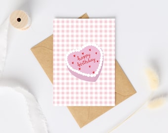 Vintage Retro Cake Birthday Card | Pink Gingham Cake Card | Cottage Core Card | Icing Piped Cake | Heart Shaped Cake | Y2K card
