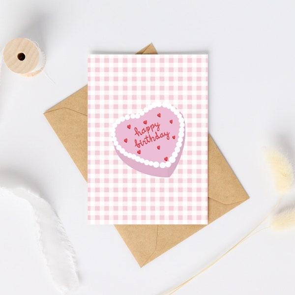 Vintage Retro Cake Birthday Card | Pink Gingham Cake Card | Cottage Core Card | Icing Piped Cake | Heart Shaped Cake | Y2K card