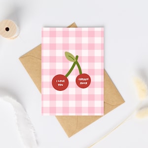 Ich liebe dich Cherry viel Karte | Kirsch Grußkarte | Cottage Kernkirschen | Obst Wortspiel Grußkarte | Gingham Karte