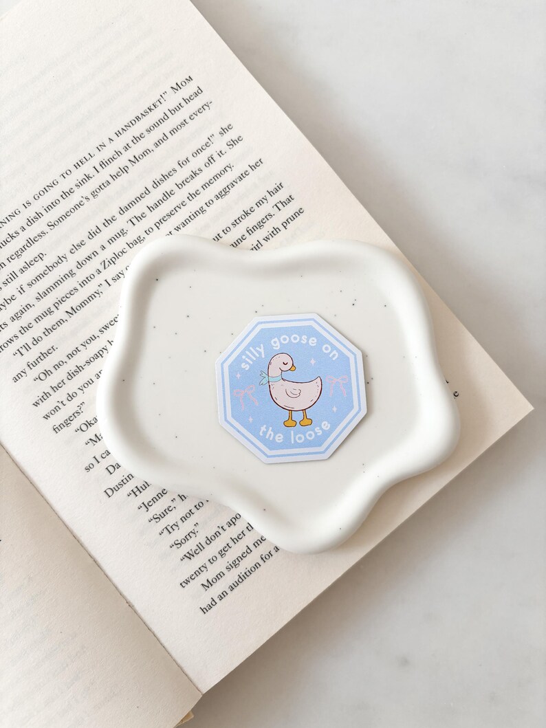 Op de afbeelding: Een lichtblauwe sticker met de tekst "silly goose on the loose" en een cartoon-gans-illustratie. De sticker ligt op een wit, organisch gevormd schaaltje, dat op een open boek ligt.
