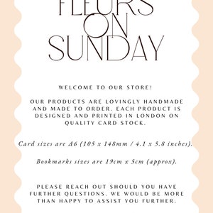 May include: A cream-colored card with the text "FLEURS ON SUNDAY" in a stylish font. The card includes information about handmade products, card sizes (4.1 x 5.8 inches), and bookmark sizes (19cm x 5cm).