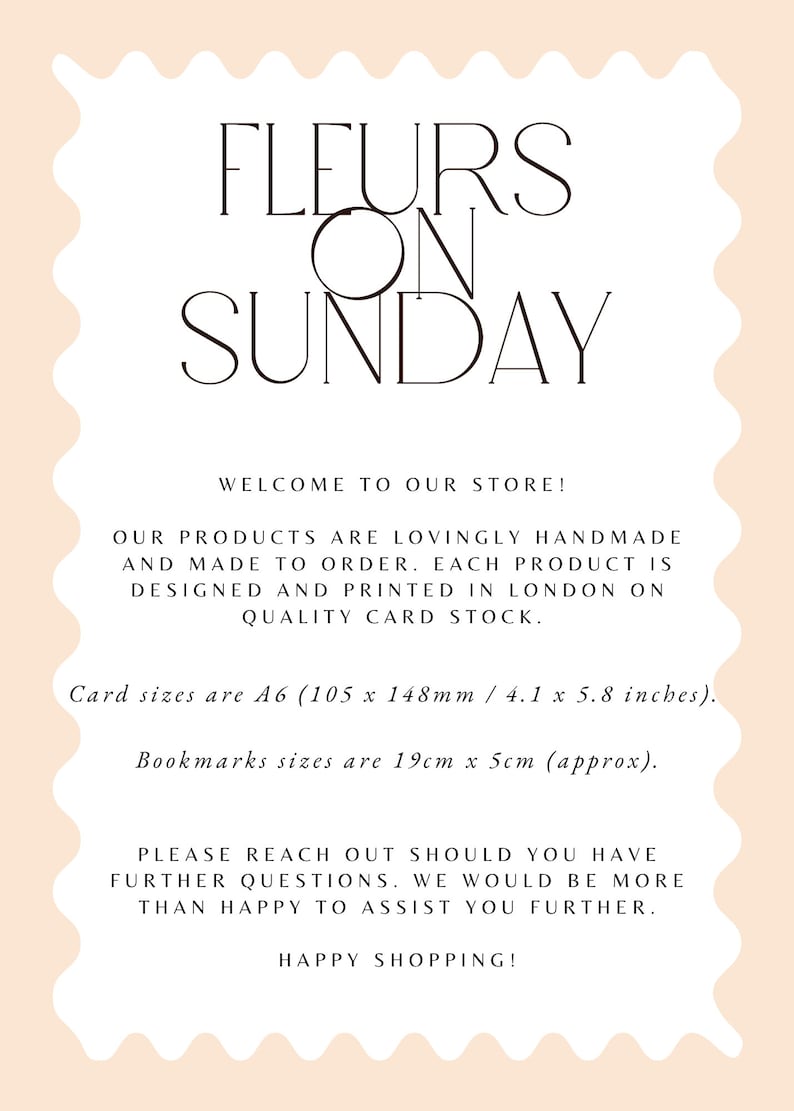 May include: A cream-colored card with the text "FLEURS ON SUNDAY" in a stylish font. The card includes information about handmade products, card sizes (4.1 x 5.8 inches), and bookmark sizes (19cm x 5cm).