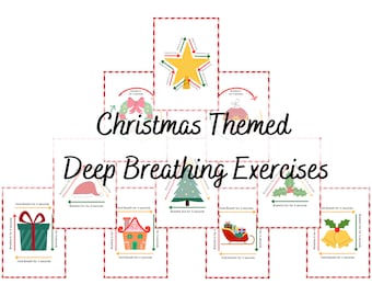 May include: Christmas themed deep breathing exercises with illustrations of a star, wreath, tree, Santa hat, gingerbread house, sleigh, and bells. Each card has instructions for breathing in, holding, and breathing out for 4 seconds.
