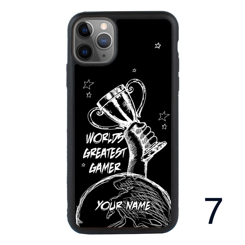 May include: Black phone case with a white design of a hand holding a trophy and the text "World's Greatest Gamer" and "Your Name".