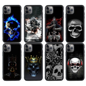 May include: Set of 8 black phone cases with different skull designs. The designs include a skull with flames, a skull with a crown, a skull with a guitar, a skull with headphones, and a skull with roses.