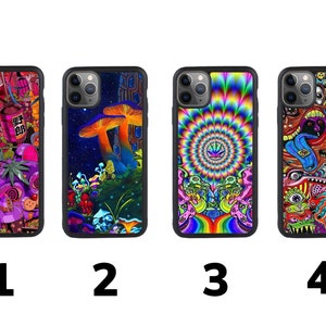 May include: Four different phone cases with psychedelic designs. The first case has a colorful cartoon design with a mushroom and the text "Shroom Queens". The second case has a colorful mushroom design. The third case has a swirling rainbow design. The fourth case has a colorful cartoon design with a variety of creatures.