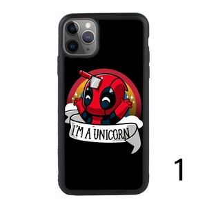 May include: Black phone case with a cartoon image of Deadpool wearing a unicorn horn and a red and blue costume. The text "I'm a unicorn" is on a banner below the image.