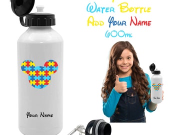 Personalised Disney Autism 600ml Water Bottle, Custom Cup Drink Spout & Screw Cap, Gift for Kids School and Adults, Aluminium
