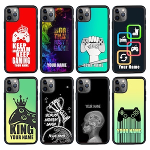 May include: Set of 10 phone cases with different designs featuring gaming themes. The designs include a gamer holding a controller, a crown, a trophy, a skull, and a barcode. The cases are black with a clear back and a white border. The text on the cases includes "Keep Calm and Keep Gaming", "More Than Just a Game", "World's Greatest Gamer", "King", and "Your Name".