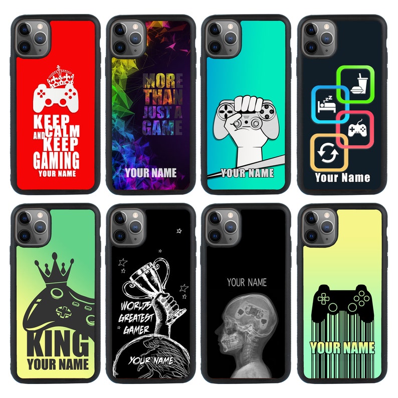 May include: Set of 10 phone cases with different designs featuring gaming themes. The designs include a gamer holding a controller, a crown, a trophy, a skull, and a barcode. The cases are black with a clear back and a white border. The text on the cases includes "Keep Calm and Keep Gaming", "More Than Just a Game", "World's Greatest Gamer", "King", and "Your Name".