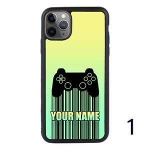 May include: A black phone case with a green and yellow gradient background. A black video game controller is printed on the case, with a barcode underneath it. The text "YOUR NAME" is printed on the barcode.