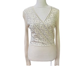 WR 9000 Womens Cream Silk Blend Ribbed Rhinestone Wrap V-Neck Sweater Medium