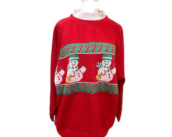 Vintage Best Bets Christmas Snowman Candy Cane Mock Neck Sweatshirt Red 20W