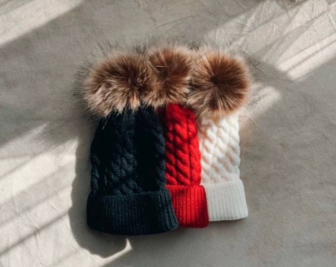 Baby Cable Knit Hat | Unisex Beanie with Faux Fur Pom | Handmade Winter Hat | Made in Portugal