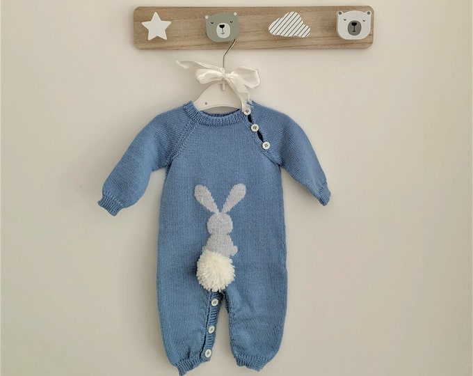 Baby Bunny “Bunny” Romper | Handmade Knit Newborn Outfit | First Baby Clothes | Easter Photo Prop | Newborn Gift