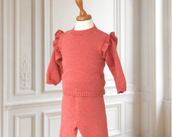 Baby Girl Knit Set 9–12M | Handmade Wool-Acrylic Two-Piece Outfit | Cozy Winter Clothes | Vintage Rose Sweater & Shorts