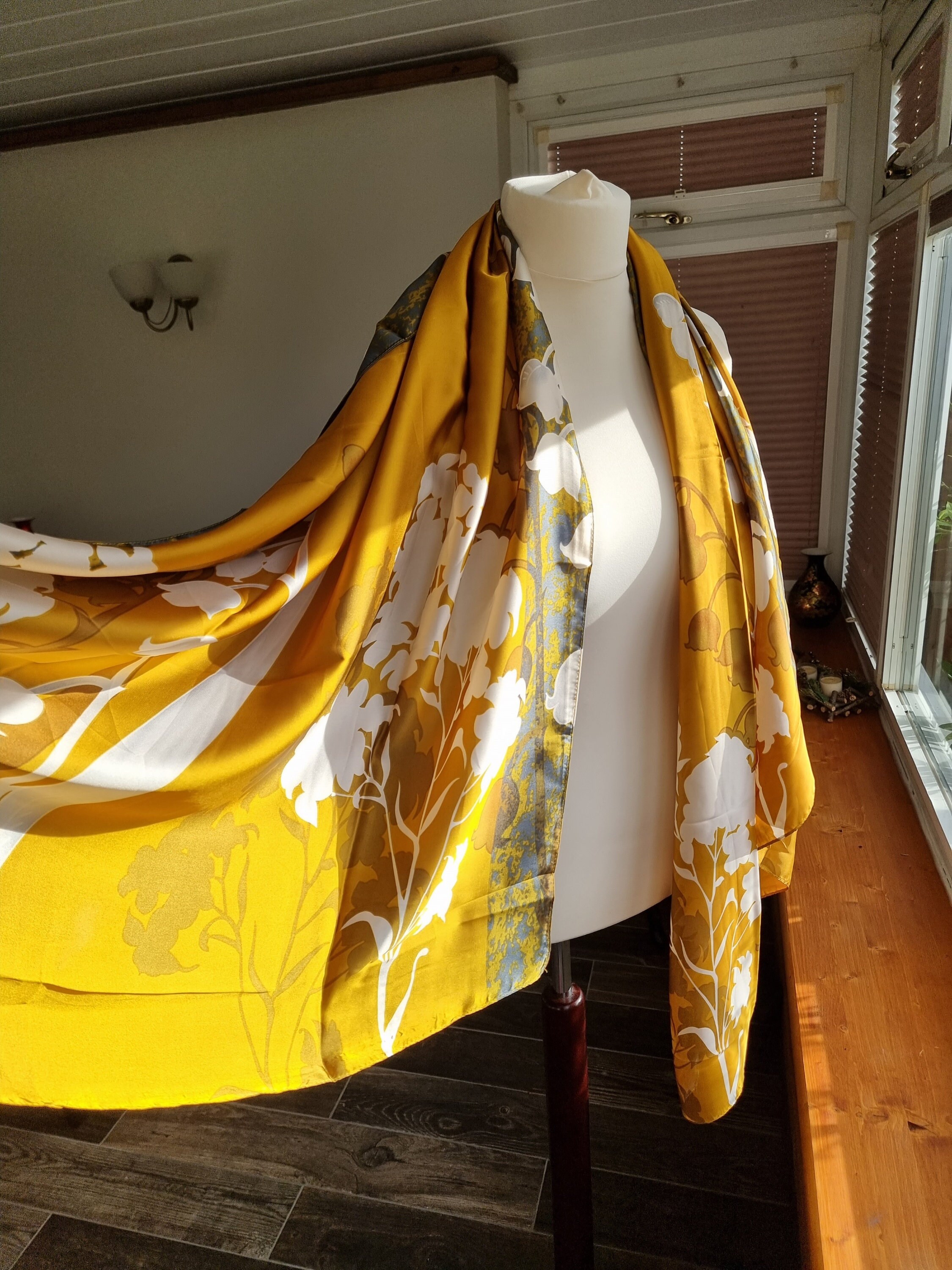 Luxurious Mustard Yellow White Flower Silk Scarf Satin Gift Etsy