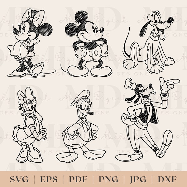 Mickey Bundle Sketch SVG / Pluto Goofy Minnie Donald SVG / Retro Mickey SVG / Sublimation / Cricut File / Sketched Mouse Svg / Pdf / Jpg