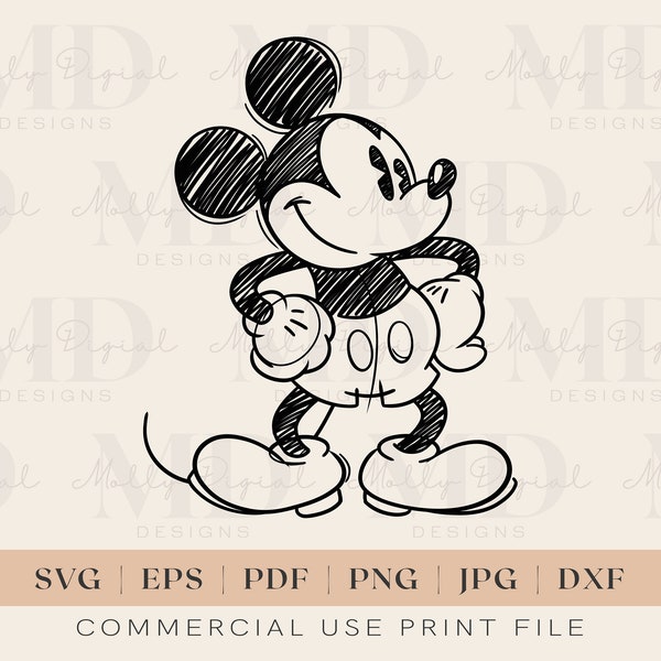 Klassieke Mickey Mouse schets SVG | Retro Mickey-SVG | Mickey PNG | Sublimatieontwerp | Cricut gesneden bestand | Afdrukbaar ontwerp | Pdf | Jpg