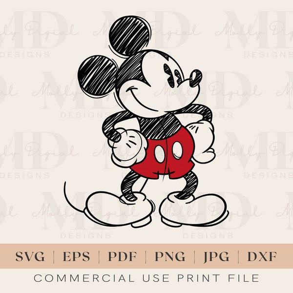 Klassieke Mickey Mouse schets SVG | Retro Mickey-SVG | Mickey PNG | Sublimatieontwerp | Cricut gesneden bestand | Afdrukbaar ontwerp | Pdf | Jpg