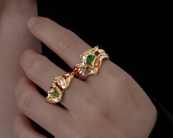 Vintage 18k gold gemstone ring with minimalism design, multi-stone ring