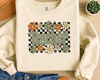 Retro Teacher PNG: Groovy Floral Design (Digital Download)