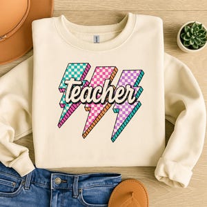 Blitz Lehrer PNG, Neon Back to School Design, Retro Karierte Lehrer Clipart, DTF DTG Sublimationsdatei, digitaler Download