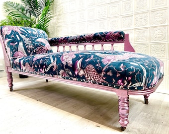 Boho chaise Lounge sofa. Eclectic sofa. Emma j Shipley fabric Aubudon velvet luxury sofa chaise lounge. Navy lilac pink velvet sofa