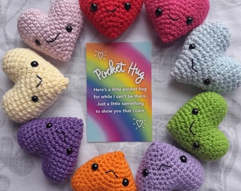 Pocket Hug - assorted colours - cute crochet heart and wallet sized card - ready-made amigurumi love token gift - kawaii valentine