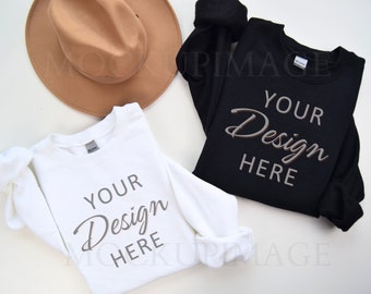 Gildan 18000 Mockup, Gildan 18000 Flat lay Mockup Black and White, Sweatshirt Mockup, Gildan Crewneck Mockups, Double Flatlay Mockup Fall